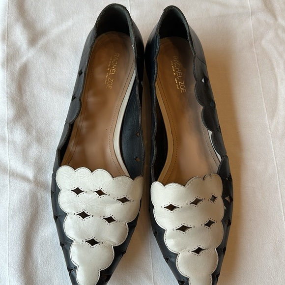 Rachel Zoe scalloped black and white pointed leather flats - Picture 2 of 4